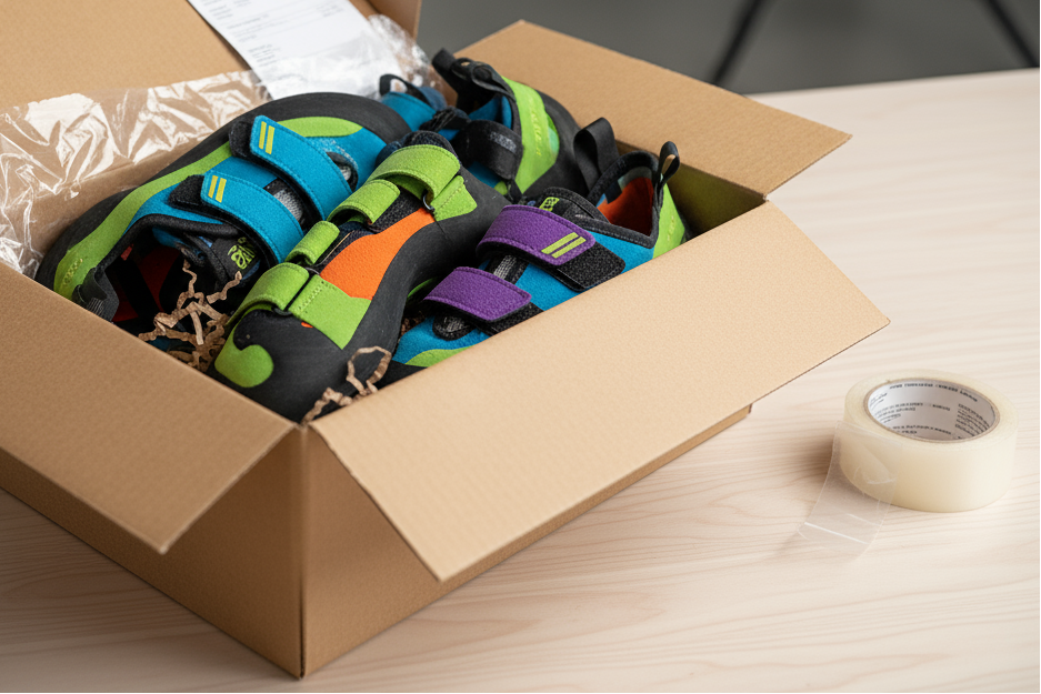 Climbing shoes in a shipping box